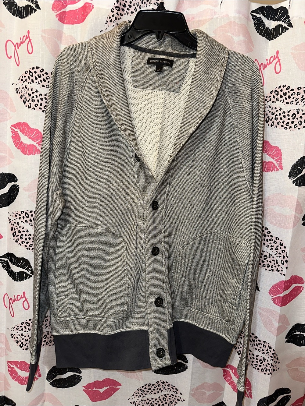 Banana Republic Men's Light Gray Shawl Collar Cardigan with Dark Hem